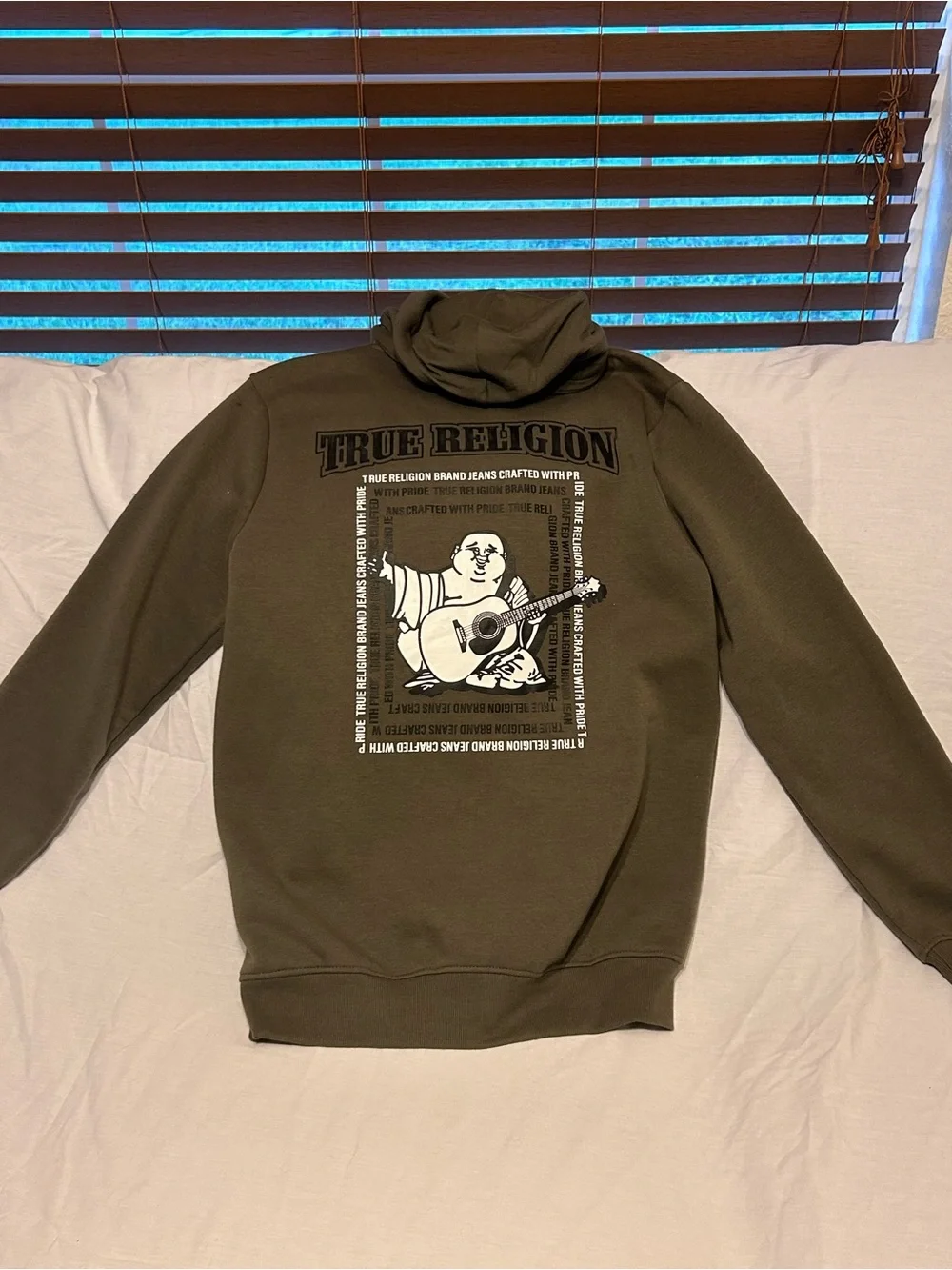True Religion Men's Olive Zip-Up Hoodie with Subtle Chest Logo